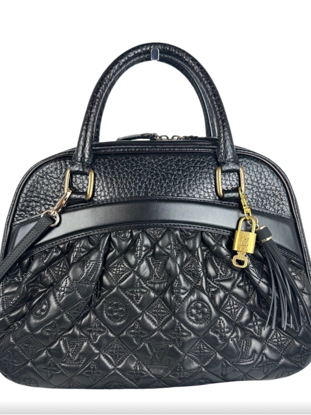 Black LV Quilted Leather Satchel Handbag with Tassel Accent